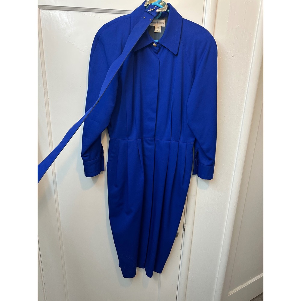 Barry Bricken Vintage Cobalt Blue 100% Virgin Wool Pleated Midi‎ Dress Womens 14